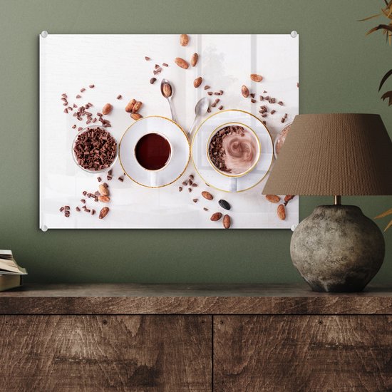 MuchoWow® Peinture sur verre 40x30 cm - Peinture acrylique sur verre - Café - Grains de café - Chocolat - Photo sur verre - Peintures