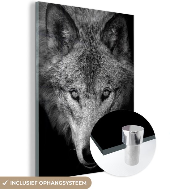 MuchoWow® Glasschilderij 30x40 cm - Schilderij acrylglas - Close-up wolf - zwart wit - Foto op glas - Schilderijen