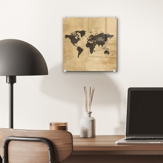 Peinture sur Verre - Carte du Wereldkaart - Vintage - Voyages - 20x20 cm - Peintures sur Verre Peintures - Photo sur Glas