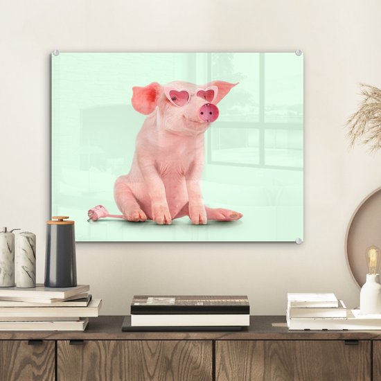 MuchoWow® Peinture sur verre 40x30 cm - Peinture sur verre acrylique - Cochon - Rose - Lunettes - Prise - Animaux - Photo sur verre - Peintures