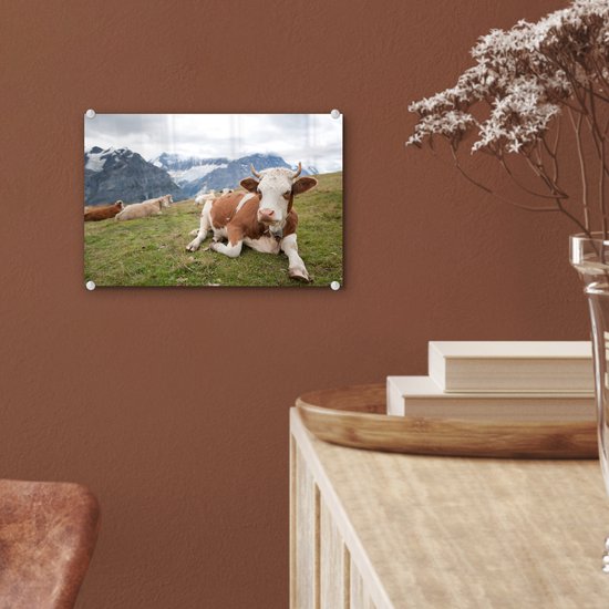 MuchoWow® Peinture sur verre 30x20 cm - Peinture acrylique sur verre - Vaches - Prairie - Alpes - Photo sur verre - Peintures