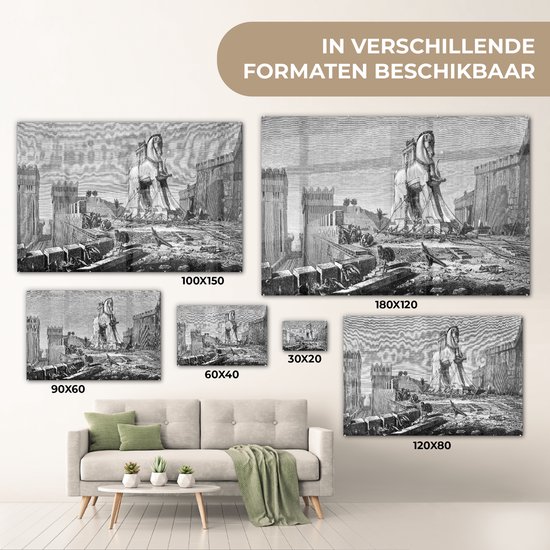 MuchoWow® Peinture sur verre 150x100 cm - Peinture sur verre acrylique - Une illustration antique en noir et blanc du cheval de Troie - Photo sur verre - Peintures