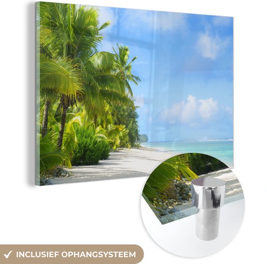 MuchoWow® Glasschilderij 90x60 cm - Schilderij acrylglas - Palmboom - Tropisch - Eiland - Foto op glas - Schilderijen