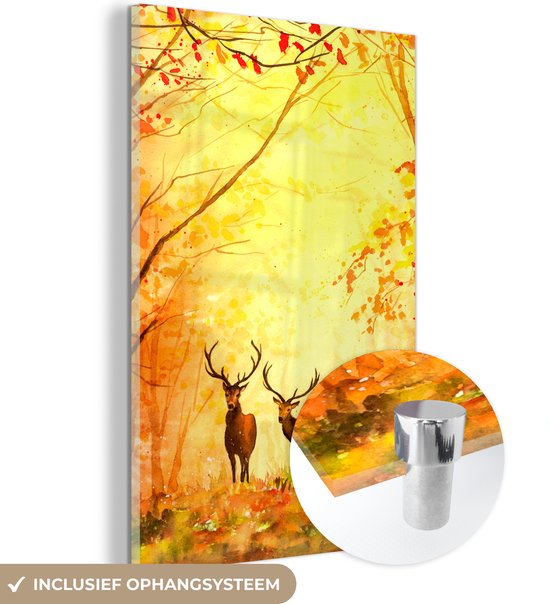 MuchoWow® Glasschilderij 20x30 cm - Schilderij acrylglas - Natuur - Olieverf - Hert - Dieren - Herfst - Oranje - Foto op glas - Schilderijen