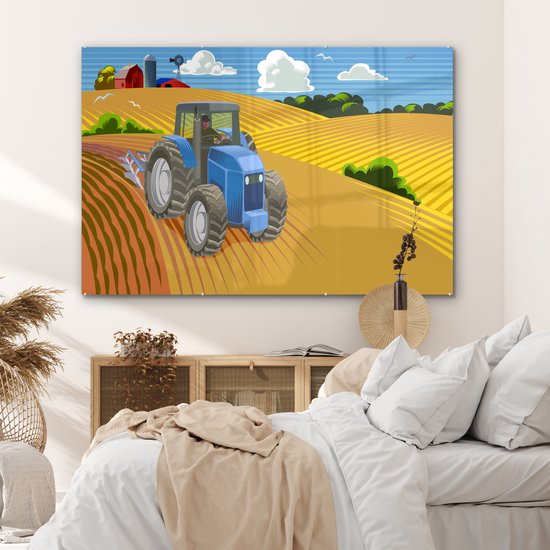 MuchoWow® Glasschilderij 150x100 cm - Schilderij acrylglas - Trekker - Boer - Wolken - Foto op glas - Schilderijen