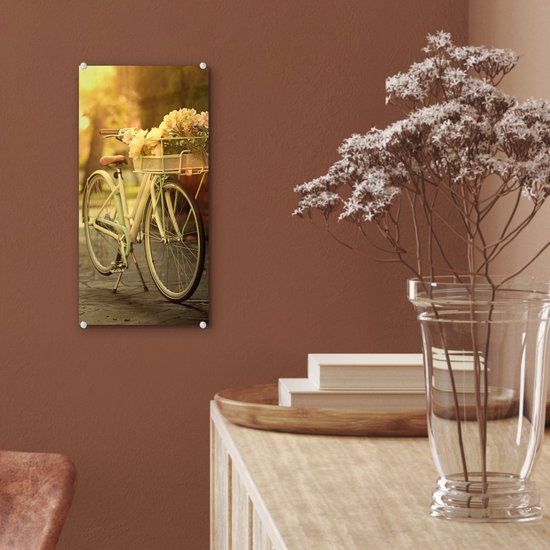 MuchoWow® Peinture sur verre 20x40 cm - Peinture sur verre acrylique - Fleurs dans le panier du vélo - Photo sur verre - Peintures