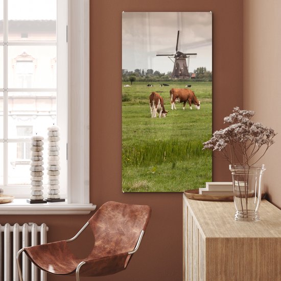 MuchoWow® Peinture sur verre - Vaches - Moulin - Nederland - 60x120 cm - Peintures sur verre acrylique - Photo sur Glas