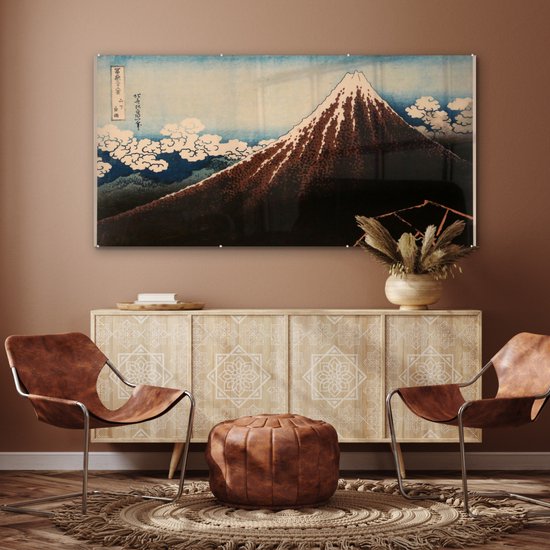 MuchoWow® Peinture sur verre 160x80 cm - Peinture sur verre acrylique - Orage sous le sommet de la montagne - Peinture de Kasushika Hokusai - Photo sur verre - Peintures