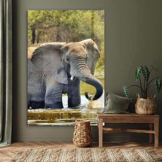 MuchoWow® Peinture sur verre 100x150 cm - Peinture sur verre acrylique - Éléphant - Water - Animaux - Nature - Photo sur verre - Peintures
