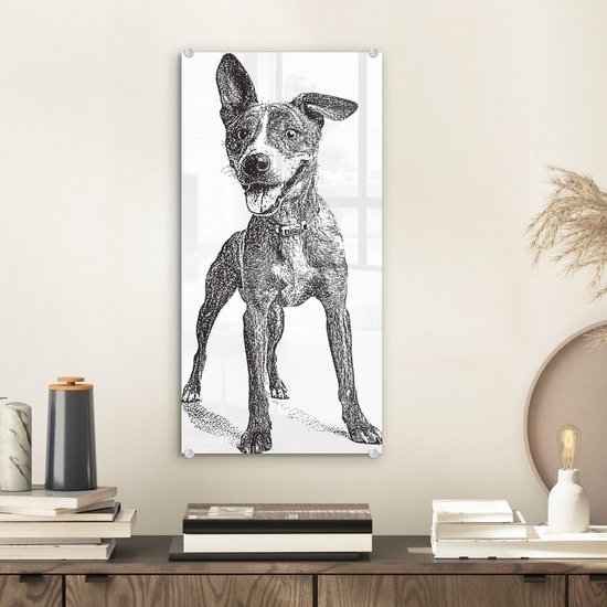 MuchoWow® Glasschilderij 20x40 cm - Schilderij acrylglas - Een illustratie van een puppy op een witte achtergrond - Foto op glas - Schilderijen