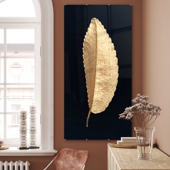 MuchoWow® Tableau sur Verre - Feuilles - Noir et Or - Luxe - Chic - Nature - 80x160 cm - Peintures sur Verre Acrylique - Photo sur Glas