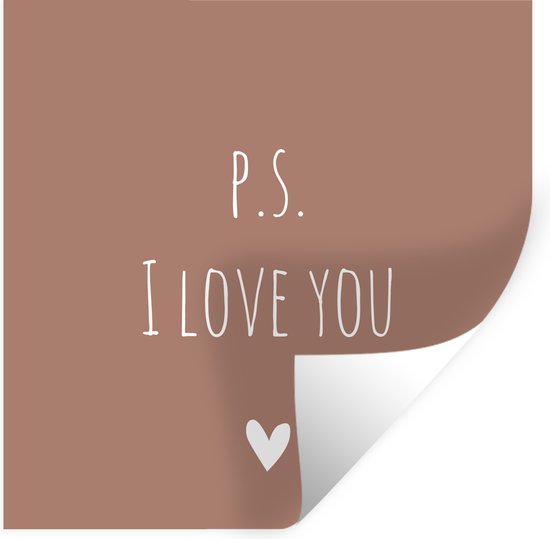 Stickers muraux - Citation Anglaise PS je t'aime avec un coeur fond marron - 50x50 cm - Film adhésif