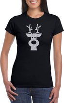 Rendier hoofd Kerst t-shirt - zwart met zilveren glitter bedrukking - dames - Kerstkleding / Kerst outfit S