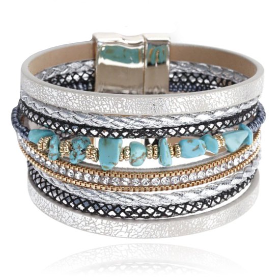 Zilverkleurige dames armband Boho met blauw natuursteen