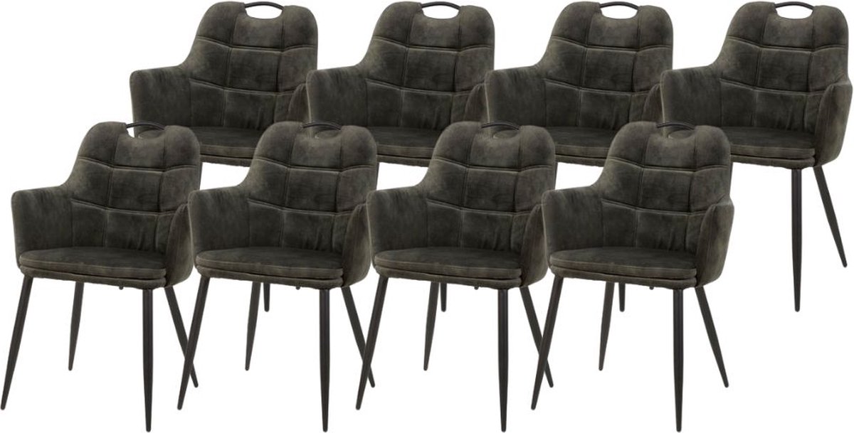 WAYS. – Kunstleren eetkamerstoelen – Mosgroen – Uniek en modern design – Metalen poten – 8 stuks