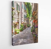 Onlinecanvas - Schilderij - Schilderachtige Oude Straat Met Bloemen In Italië Art Verticaal Vertical - Multicolor - 80 X 60 Cm