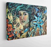 Portret van een jong meisje in een oosterse tulband tussen de bloemen - Canvas Modern Art - Horizontaal - 1582400593 - 50*40 Horizontal