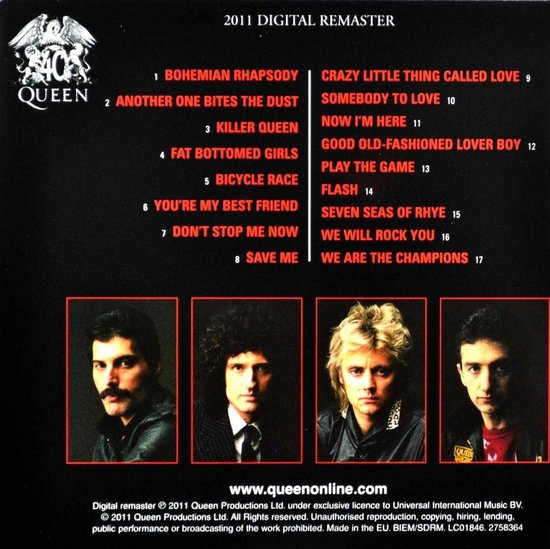 Achterkant albumhoes Queen Greatest Hits met bandleden Freddie Mercury, Brian May, Roger Taylor en John Deacon.