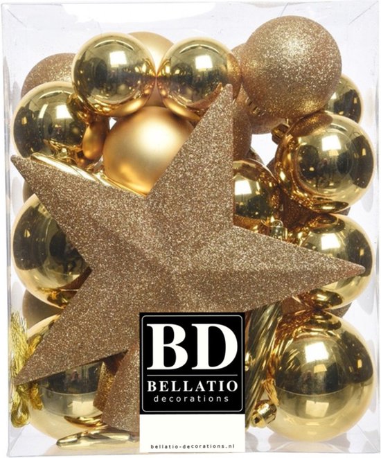 Décorations de Noël de Noël Boules de Noël en plastique or 5-6-8 cm paquet de 45x pièces - Avec étoile en plastique de 19 cm