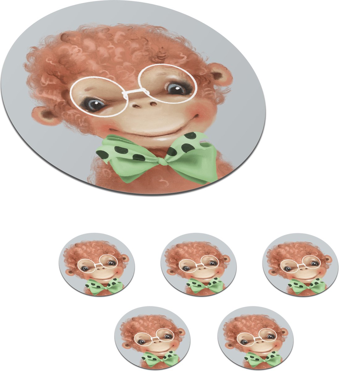 Onderzetters voor glazen - Rond - Aap - Kinderen - Strik - 10x10 cm - Glasonderzetters - 6 stuks