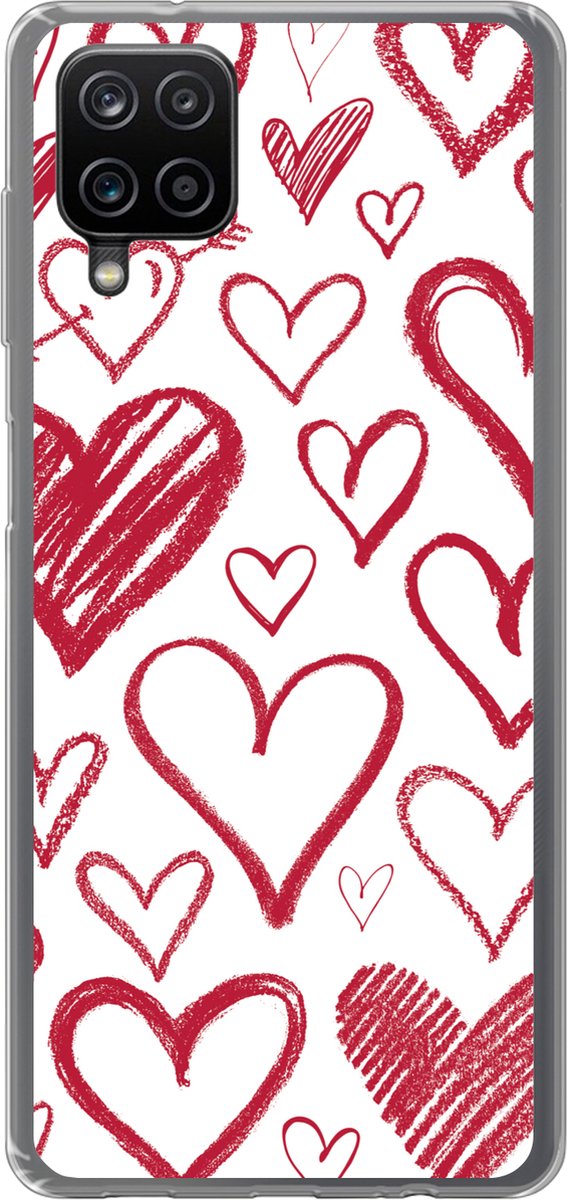 Telefoonhoesje Geschikt voor Samsung Galaxy A12 hoesje - Een illustratie met verschillende hartjes op een witte achtergrond - Siliconen Telefoonhoesje Telefoonhoesje