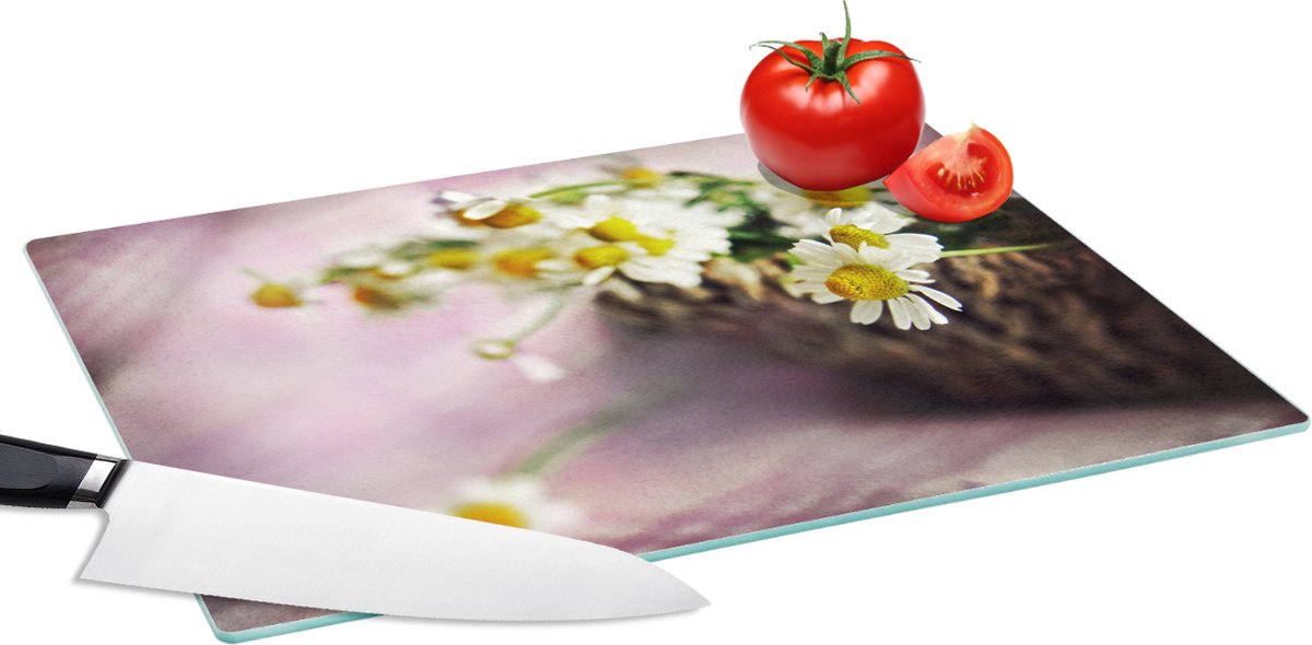 Glazen Snijplank - 39x28 - Bloemen - Mand - Wit - Snijplanken Glas