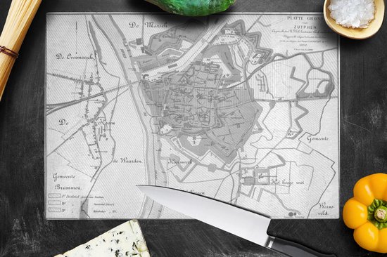 Planche à découper en Verres - 39x28 - Carte historique de la ville de Zutphen - noir et blanc - Glas à Planches à découper