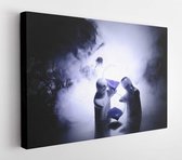 Canvas schilderij - Two doll hugging on table with flowers and moon decoration Lighted background with smoke.Love concept. Greeting or gift card design idea. Silhouette of hugging