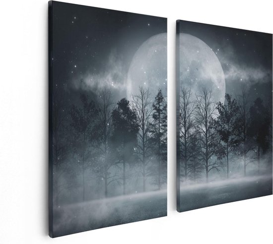 Artaza Canvas Schilderij Tweeluik Maan tussen de Bomen in de Nacht - 80x60 - Foto Op Canvas - Canvas Print