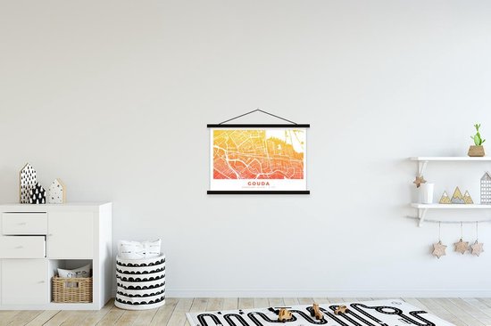 Porte-affiche avec affiche - Affiche scolaire - Plan de la ville - Gouda - Pays- Nederland - Jaune - 60x40 cm - Lattes noires - Carte