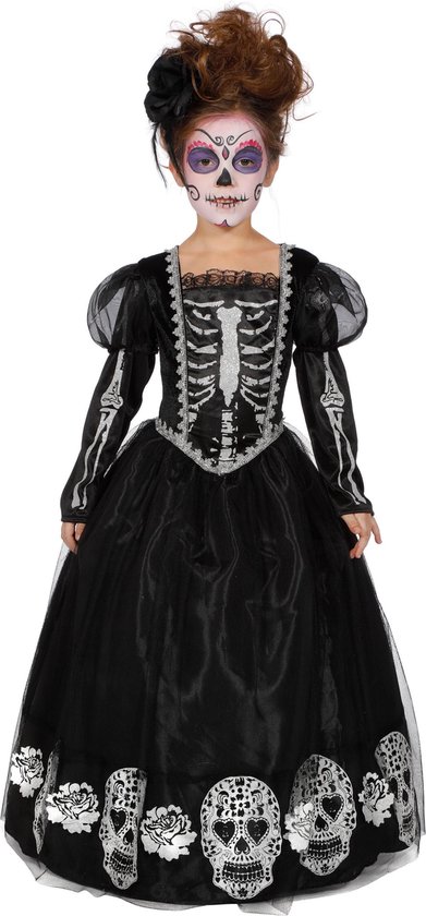 Wilbers & Wilbers - Spaans & Mexicaans Kostuum - Zwarte Jurk Versierd Met Doodshoofden Day Of The Dead Meisje - Zwart - Maat 176 - Halloween - Verkleedkleding