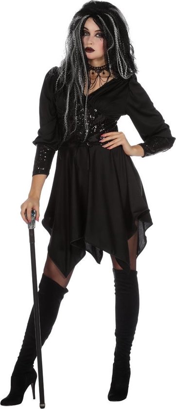 Wilbers & Wilbers - Heks & Spider Lady & Voodoo & Duistere Religie Kostuum - Duistere Zwarte Engel Hades - Vrouw - Zwart - Maat 36 - Halloween - Verkleedkleding