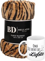 Cadeau oma set - Fleece plaid/deken tijger print met Oma jij bent de liefste mok - Oma ontspanning cadeau kerst, Sint, verjaardag