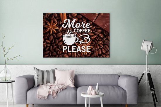 Canvasdoek met de tekst 'More coffee please' tussen koffiebonen, steranijs, kaneelstokje en chocolade, boven een grijze bank.