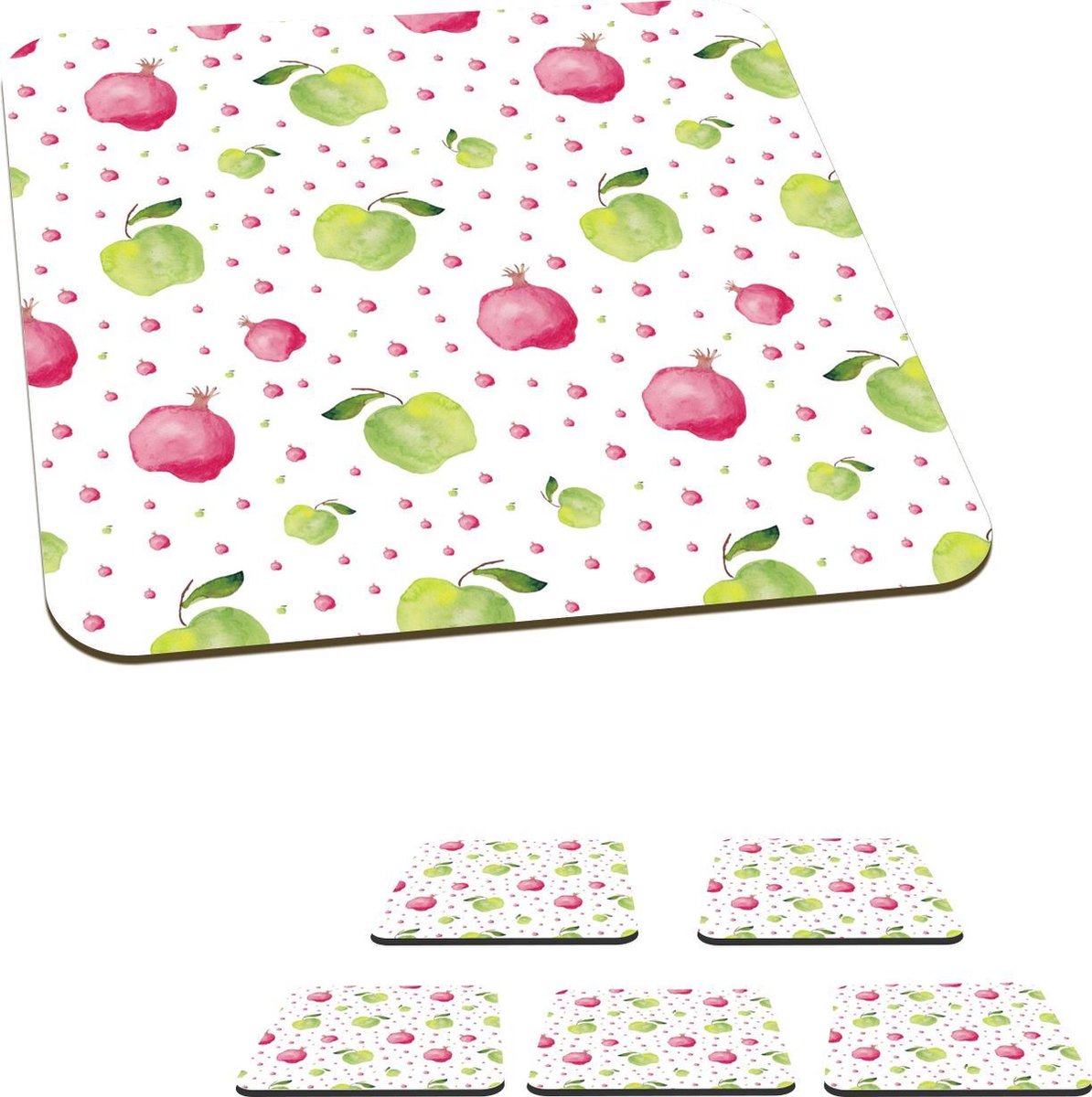 Onderzetters voor glazen - Appel - Granaatappel - Waterverf - Sjablonen - 10x10 cm - Glasonderzetters - 6 stuks