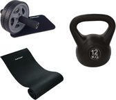 Tunturi - Fitness Set - Kettlebell 12 kg - Fitnessmat 160 x 60 x 0,7 cm - Trainingswiel