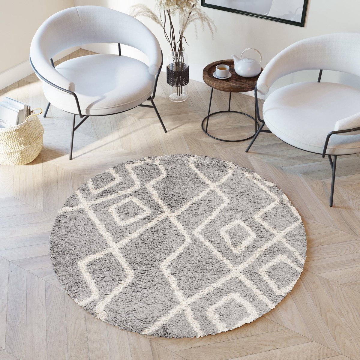 Tapiso Boho Vloerkleed Rond Grijs Creme Shaggy Bohemian Design Duurzaam Slaapkamer Woonkam