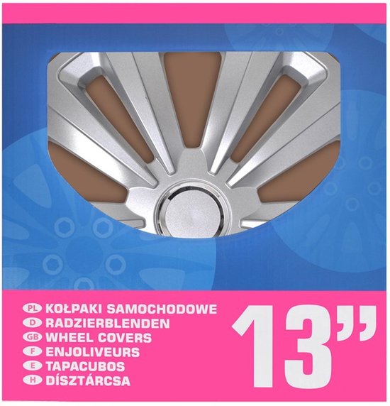 Verpakking van 13 inch wieldoppen, met tekst in meerdere talen.