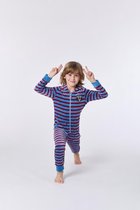 Woody onesie unisex - blauw-rood gestreept - wasbeer - 212-1-ONE-V/927 - maat 140