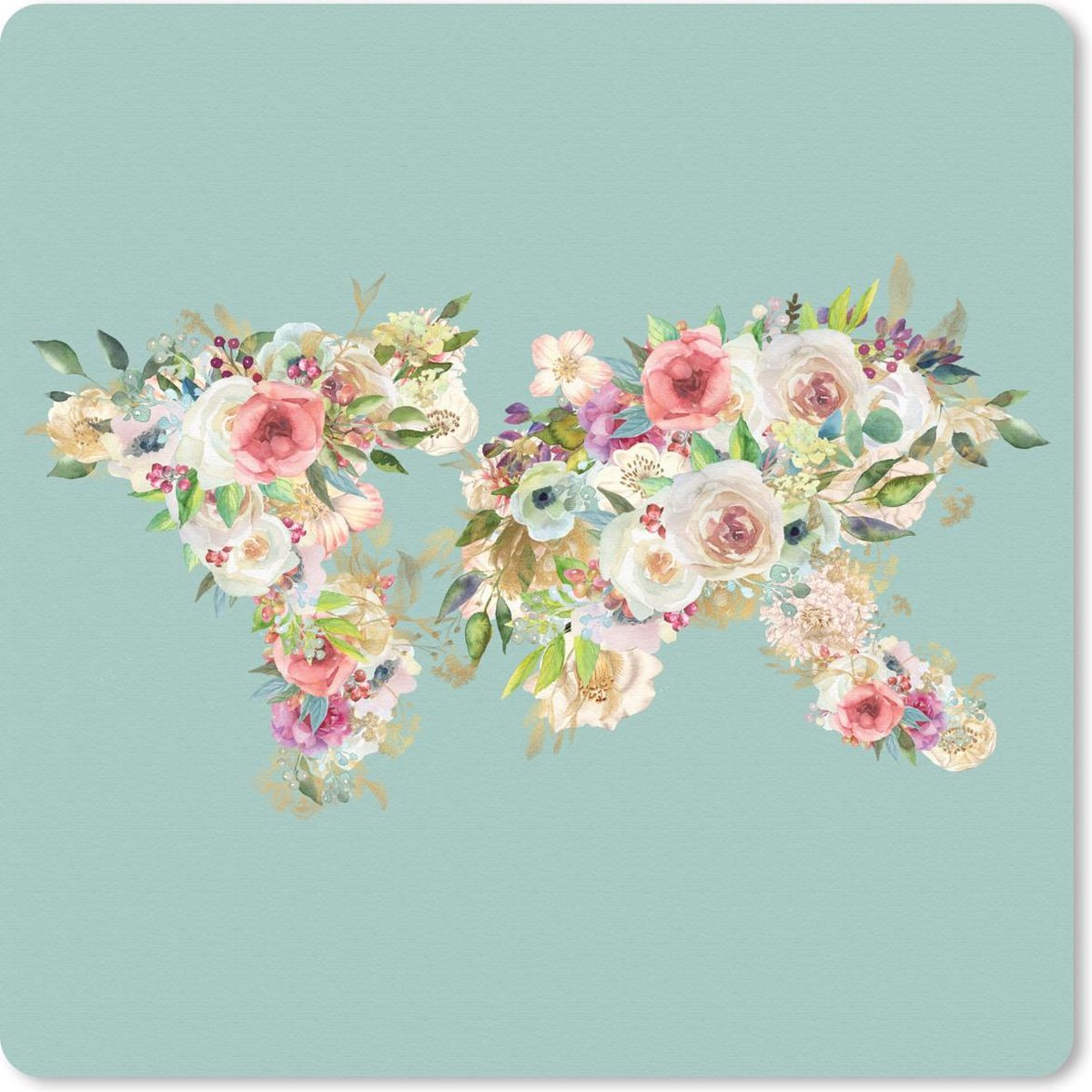 Muismat 20x20 cm - Mousepad Kaart - Wereld - Rozen - Groen - Muismatten