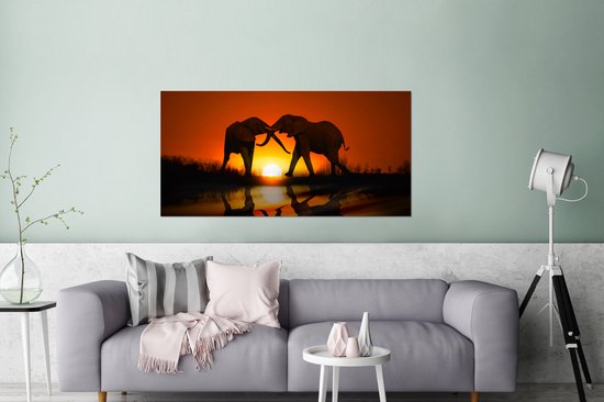 Décoration murale Métal - Peinture Aluminium - Couple d'éléphants au coucher du soleil - 160x80 cm