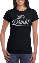 Lets drink t-shirt zwart met zilveren glitter tekst dames - Oud en Nieuw / Glitter en Glamour zilver party kleding shirt S