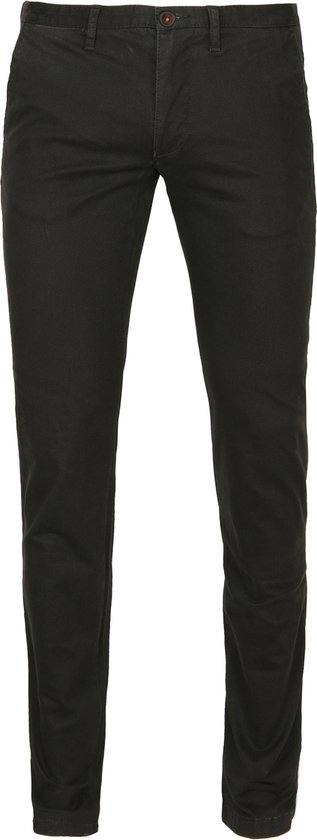 Donkergroene chino broek met fijne ribbels en oranje knoopje.