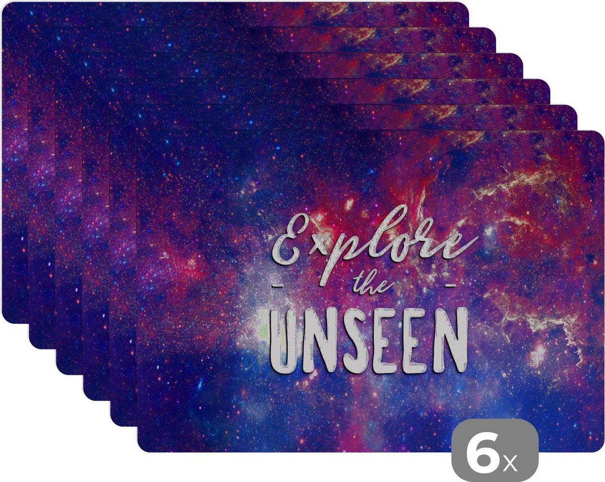 Placemat kinderen - Placemat - Placemats kunststof - Quotes - Spreuken - 'Explore the unseen' - Ruimte - Jongens - Meisjes - Kinderen - 45x30 cm - 6 stuks - Hittebestendig - Anti-Slip - Onderlegger - Afneembaar