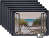 Placemat - Placemats kunststof - Doorkijk - Strand - Zee - Zand - Water - Helmgras - Duinen - 45x30 cm - 6 stuks - Hittebestendig - Anti-Slip - Onderlegger - Afneembaar