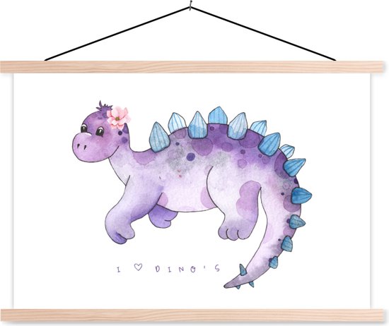 Posterhanger incl. Poster - Schoolplaat - Dinosaurus - Paars - Kinderkamer - Meisjes - Kinderen - Roze - Kindje - 150x100 cm - Blanke latten