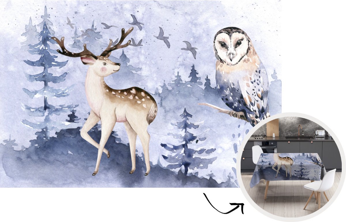 Tafelkleed - Tafellaken - 220x150 cm - Winter - Bos - Uil - Hert - Binnen en Buiten