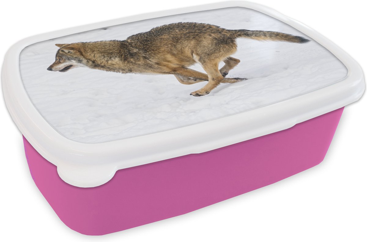 Broodtrommel Roze - Lunchbox - Brooddoos - Wolf - Sneeuw - Koud - 18x12x6 cm - Kinderen - Meisje