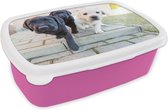 Broodtrommel Roze - Lunchbox Drie labrador puppy's - Brooddoos 18x12x6 cm - Brood lunch box - Broodtrommels voor kinderen en volwassenen