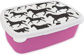 Broodtrommel Roze - Lunchbox - Brooddoos - Paarden - Wit - Patroon - Meisjes - Kinderen - Meiden - 18x12x6 cm - Kinderen - Meisje